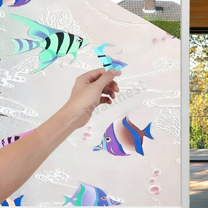 Wallnest 3D Tropical Fish Privacy Window Film, Self-Adhesive Decorative Glass Sticker, UV Protection, Reusable Frosted Glass Film Home Office Glass Stickers for Bathroom, Living Room