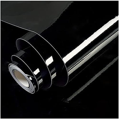 Wallnest Glossy Black Wallpaper - Shiny Peel and Stick aelf-Adhesive Wallpaper, Decorative Kitchen Wallpaper, Shelf, Drawer, Furniture, Wood