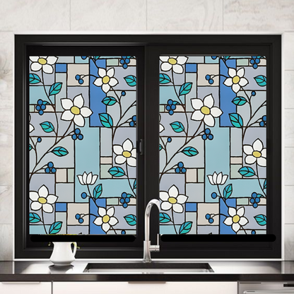 Wallnest Decorative Privacy Window Film, Floral Stained Glass Pattern,Self-Adhesive Frosted Glass FilmNo Glue Anti-UV Window Sticker for Privacy Office Meeting Room Bathroom Living Room
